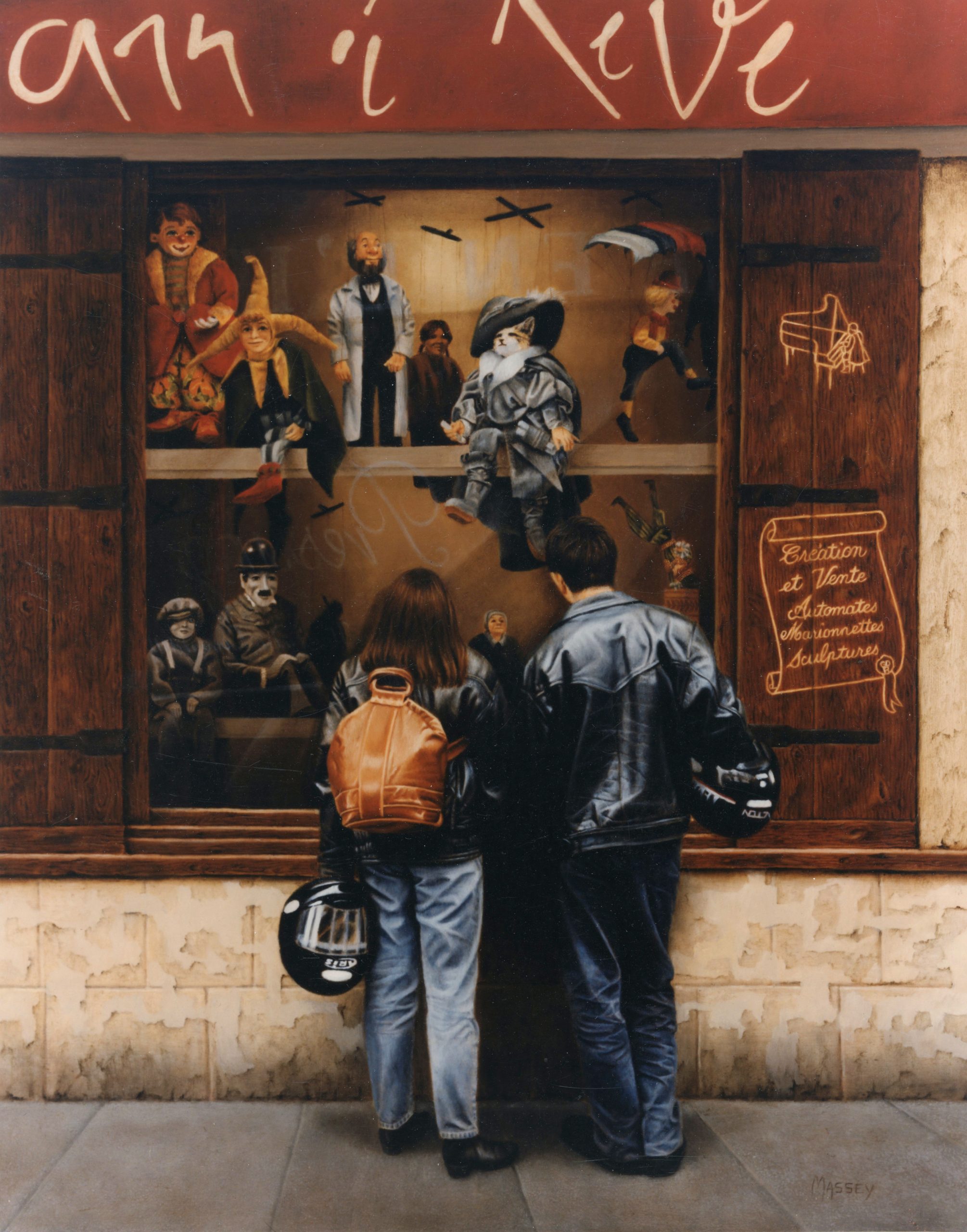 The Marionette Shop ©1996 Ann James Massey
20in x 16in | 50.8cm x 40.6cm
Oil on mahogany board
Collection of Gail Darling