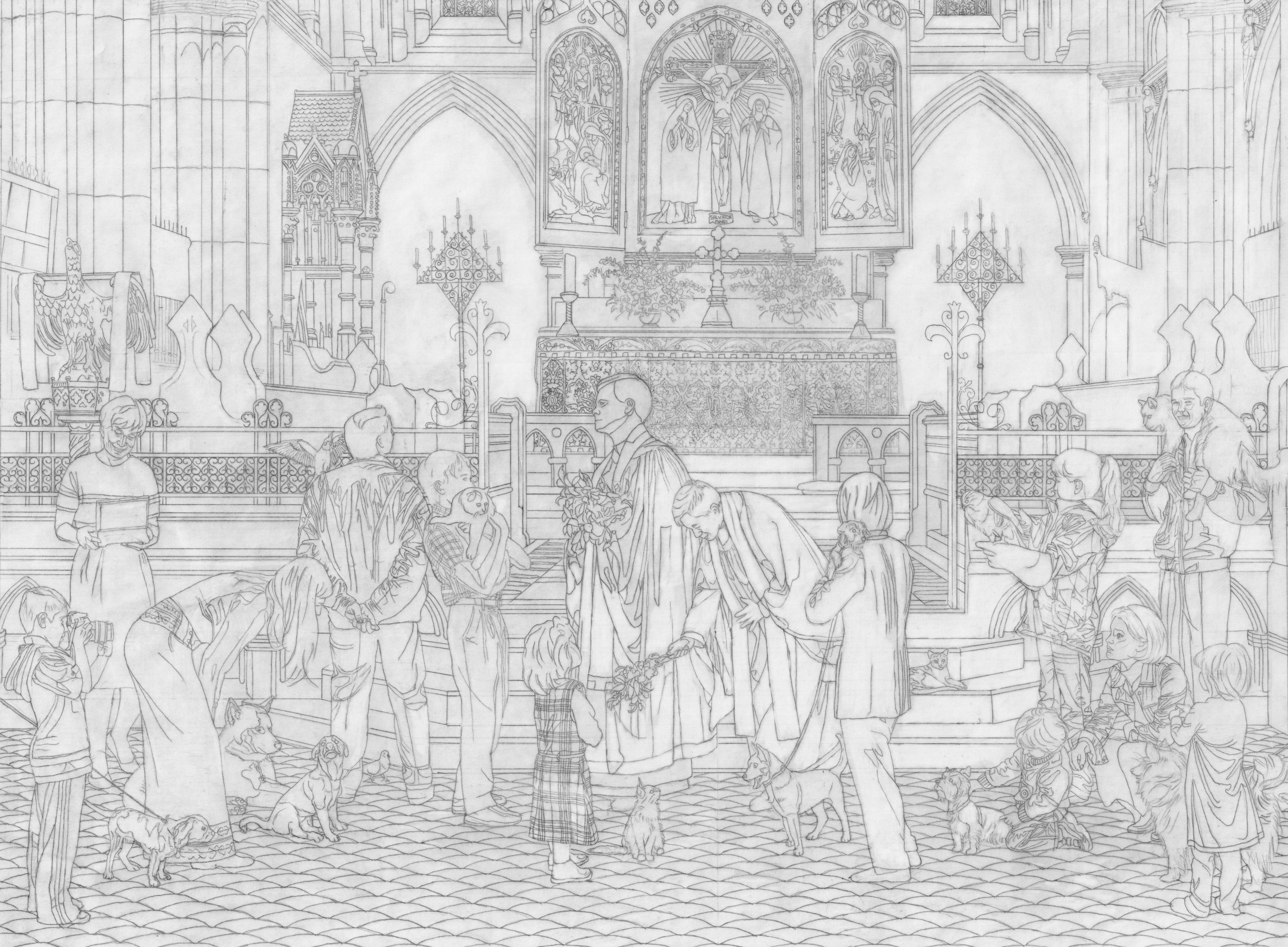 Final line drawing for The Blessing of the Animals on vellum paper    
©2010  Ann James Massey, Archival Framed $7,500.00 