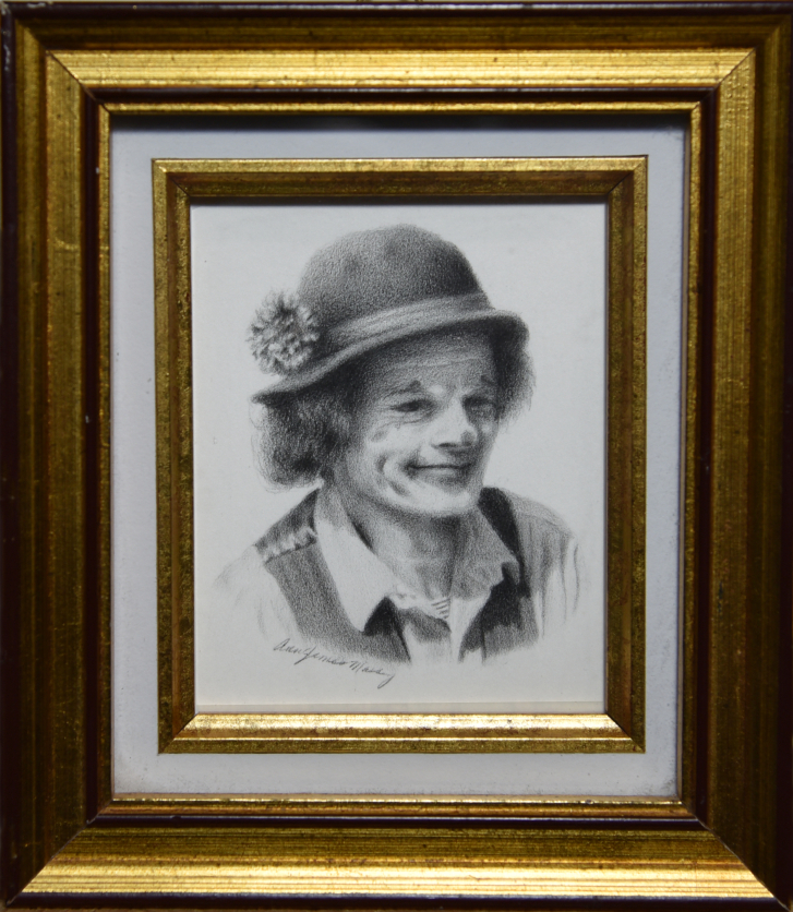 Street Clown © 1994 Ann James Massey
Image 3in x 2.5in | 7.6cm x 6.35cm
Framed 5.25in x 4.5in | 13.3cm x 11.4cm
Black wax pencil on bristol paper