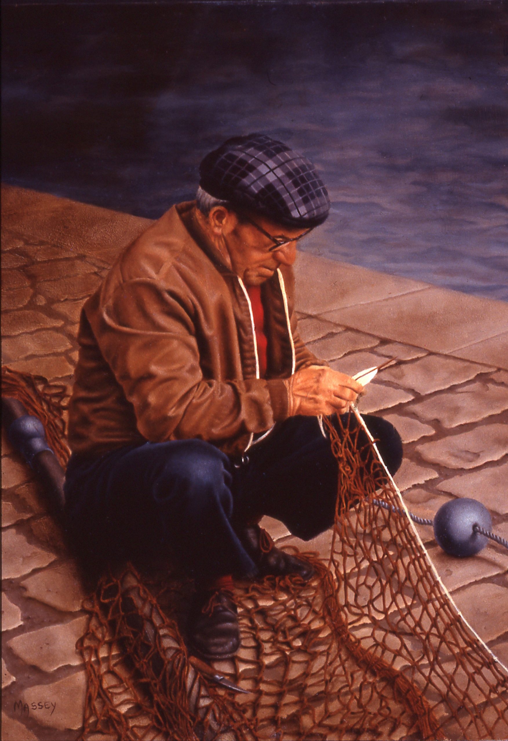 Fisherman Mending His Net © 1991 Ann James Massey
16in x 12in | 40.6cm x 30.5cm
Oil on mahogany board
Estate of Sylvia Galatzan
