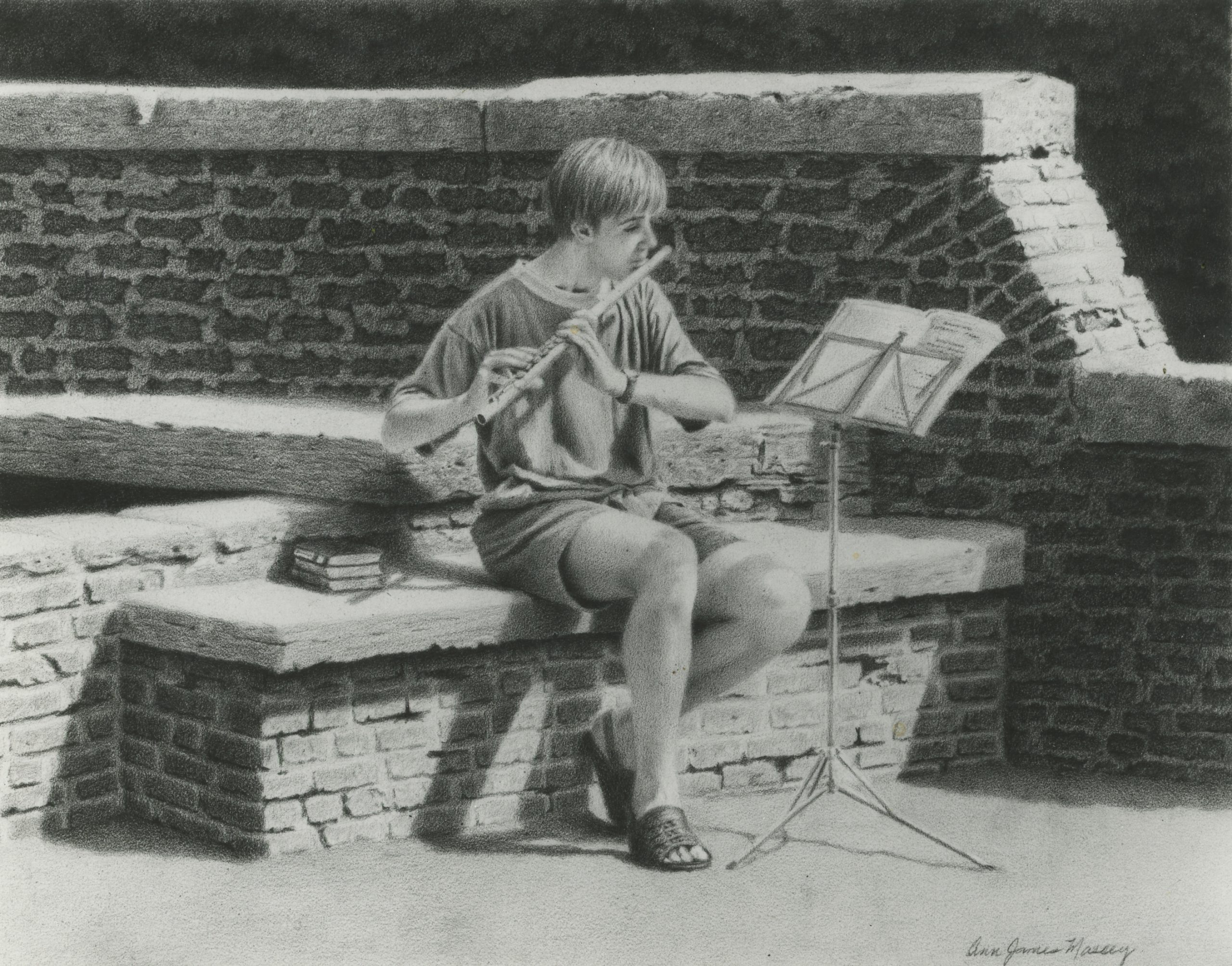 The Flautist © 1995 Ann James Massey
9.5in x 12in | 24.1cm x 30.5cm
Black Prismacolor wax pencil on paper
Collection of Martha G de Chavez