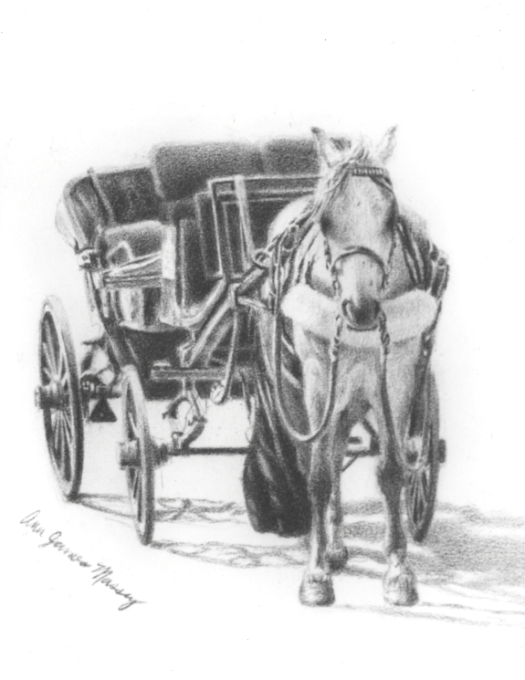 Horse & Carriage © 1994 Ann James Massey
3in x 2.5in | 7.6cm x 6.35cm
Black wax pencil on bristol paper
Collection of Eddie Soto