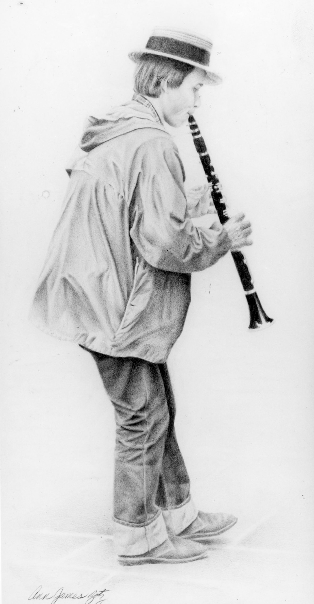 The Clarinetist © 1982 Ann James Massey
31.75in x 5.5in | 24.1cm x 14cm
Black Prismacolor wax pencil on paper
Collection of Lito and Ruth Bujanda-Moore