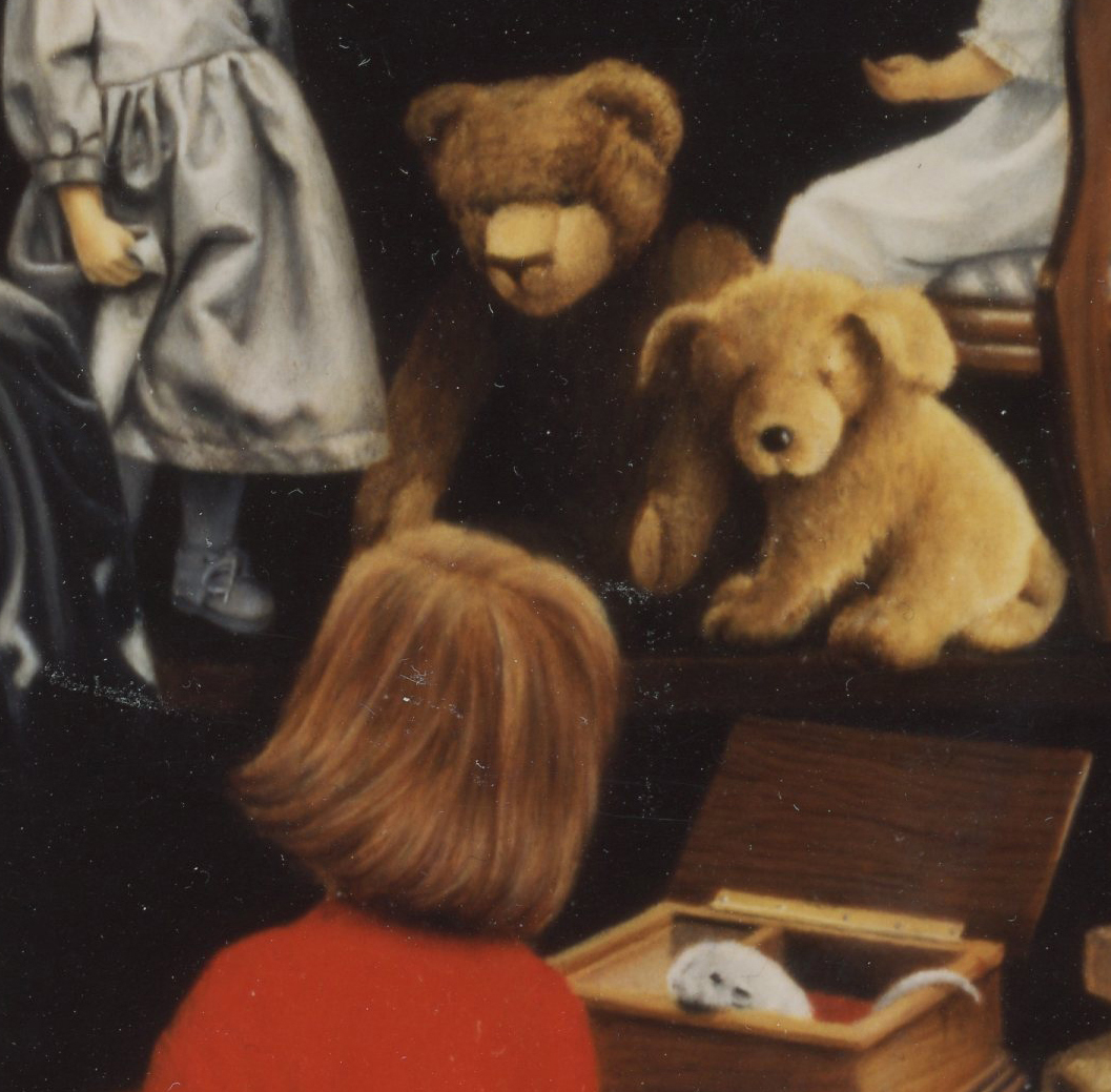 Detail of La Maison de Poupées of child, teddy bear, dog and rat by Ann James Massey